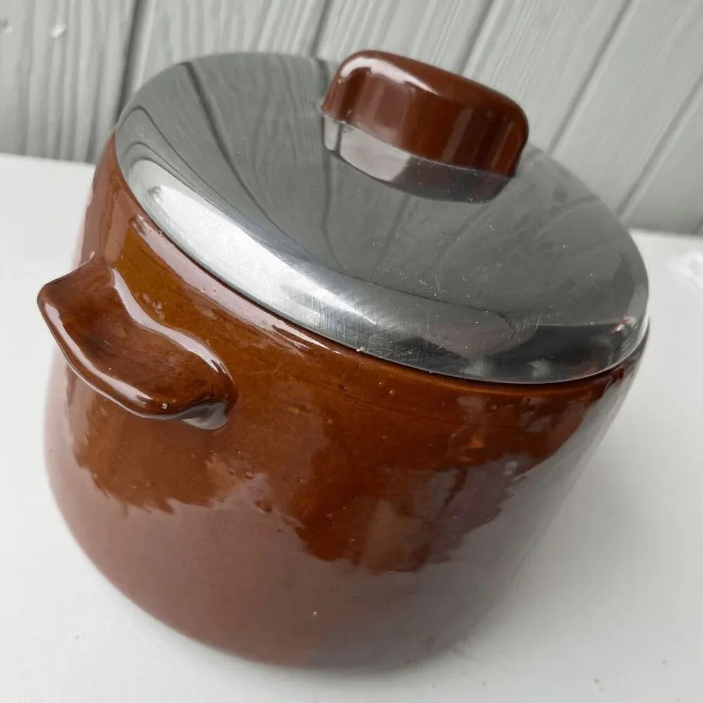 VTG West Bend Brown Glazed Pot Canister Chrome Lid 8.5” Mid Century